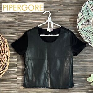 Piper Gore Leather/ Silk Short Sleeve Top Tee Black Medium
